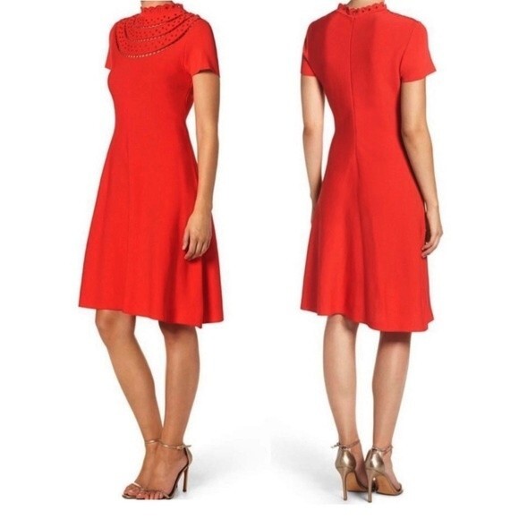 Eliza J Red Eyelet Knit Fit & Flare Short Sleeve Midi Dress Women’s Size Large - Picture 1 of 16